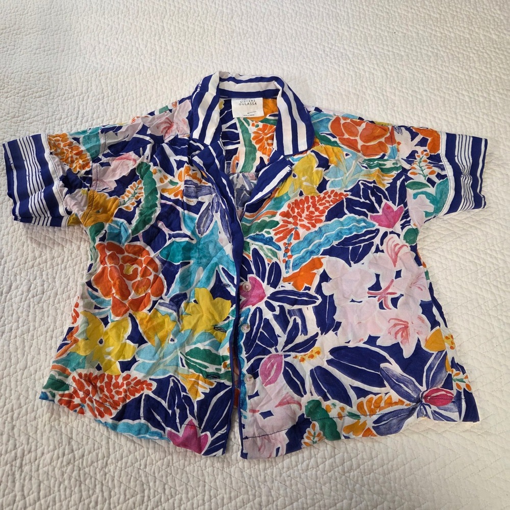 Anthropologie Sisters Gulassa Floral Striped Mixed Print Camp Shirt XS Blue